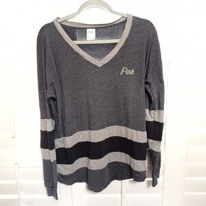Pink Victoria Secret Womens Gray Drop Shoulder Tipping V-Neck T-Shirt Top Size M